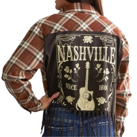 Buckle Tops - La La Land Creative Co Nashville Cropped Fringe Brown Flannel Pearl Buttons XS